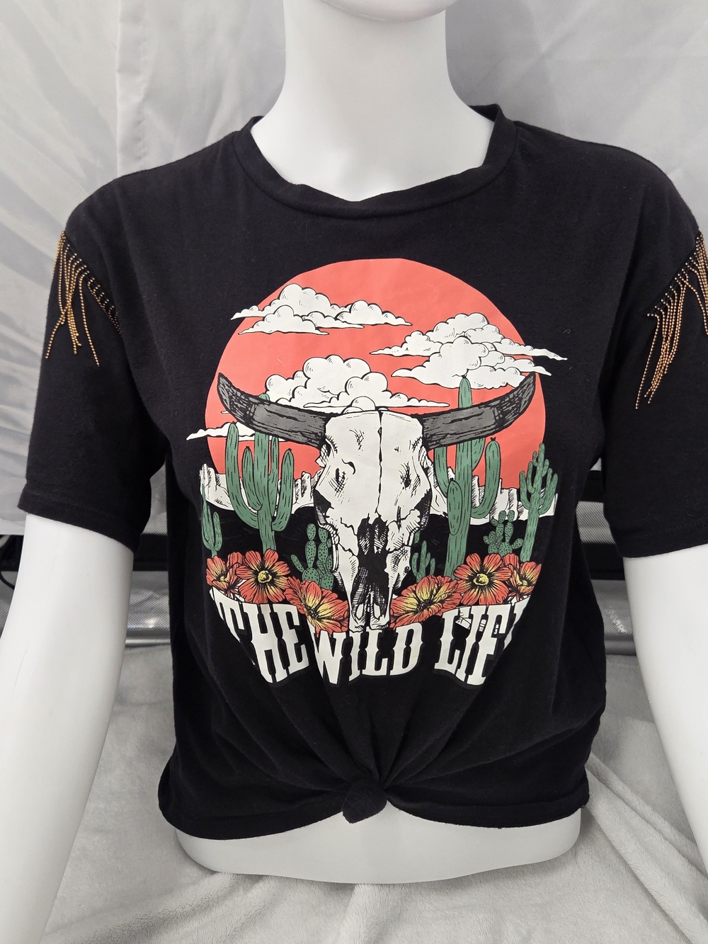 Organic Generation Western Rodeo Bull Skull Fringe Graphic Tee Festival Cowgirl